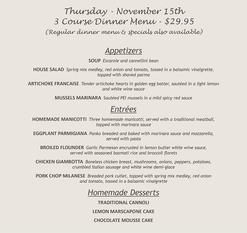 3 Course Dinner Menu Thursday, November 15